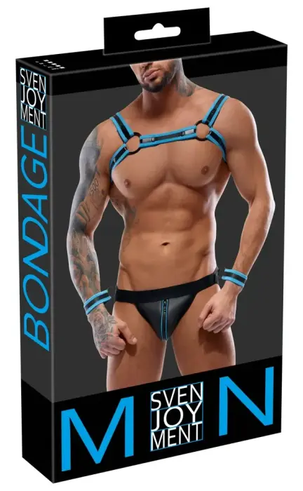 Svenjoyment Bondage men's jock set – harness, jock, 2 cuffs – black/blue – L