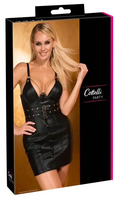 Cottelli Party – imitation leather mini dress with straps and lacing – black – L