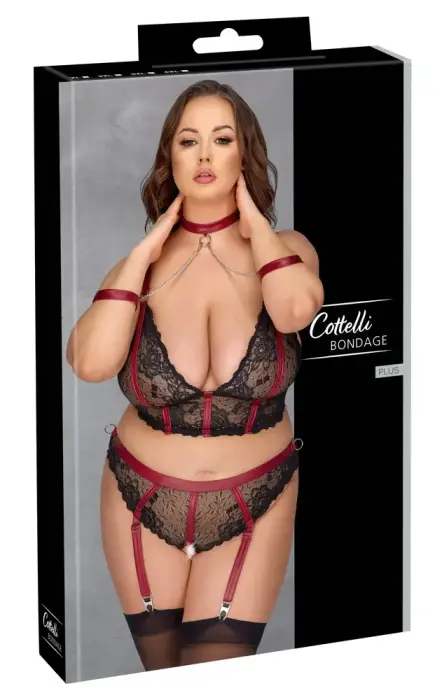 Cottelli BONDAGE PLUS Lingerie Set with Longline Bra and Suspender Thong – Black – XL