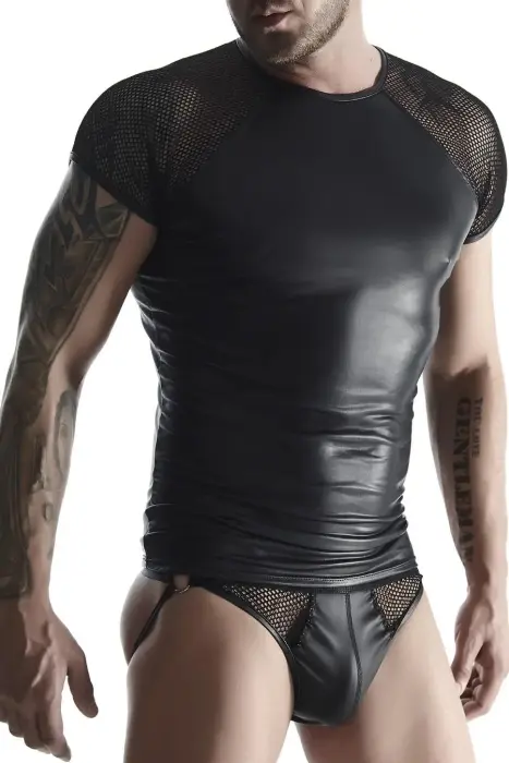 Men's Wet Look T-Shirt with Elastic Mesh Sleeve – XXL