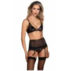 Guilty Pleasure Silhouette Suspender Belt – kõrge vöökohaga poolläbipaistev võrk-sukkpael kuldklambrite ja dekoratiivrõngaga – must – Suurus: S/M — Foto 4