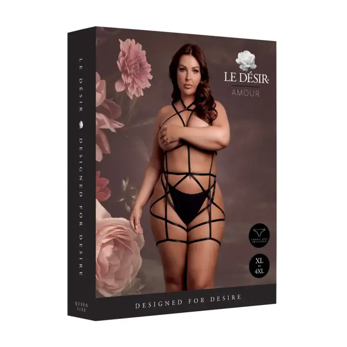 Strappy Open Cup Body Harness with Garters – Plus Size – Black