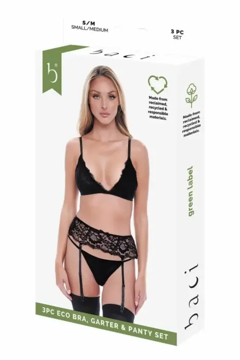 Baci 3 PCS. ECO Bra, Garter and Panty Set Black M/L
