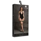 Metis XVI Mesh Bodysuit with Garters and Crossed Neckline – One Size – Black — Photo 1
