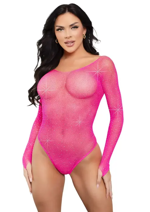 Leg Avenue Mesh Bodysuit with Rhinestones – Pink – One Size