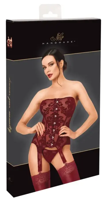 Noir Handmade – korsete bez lencēm ar flokētu powernet un 6 zeķturiem – bordo – L