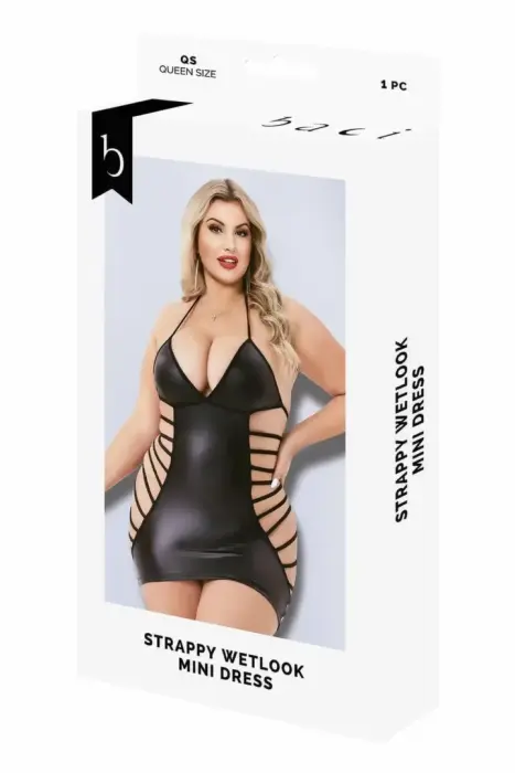 Baci Strappy Wetlook Mini Dress – Black – Queen Size