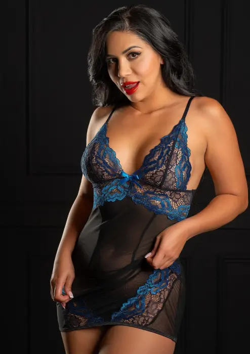 Daring Intimates кружевное платье с цветочным узором и стрингами – синее – L/XL