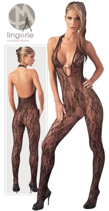 Tīkliņa catsuit ar kakla siksniņām un atvērtu starpkāju – melns – S/M Foto 7