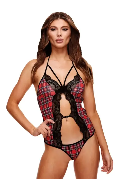 Teachers Pet Schoolgirl Peek-a-Boo Teddy – kletcvatoe kruzhevnoe bodi so strapami i vyrezom speredit – krasnoe – M/L