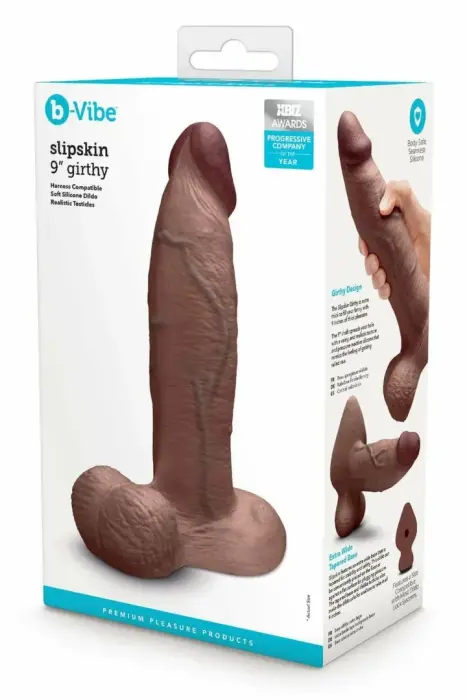 b-Vibe SlipSkin 9" Girthy – spiedienam reaģējoša silikona dildo ar piesūcekni – Krāsa: brūna – 22,9 cm