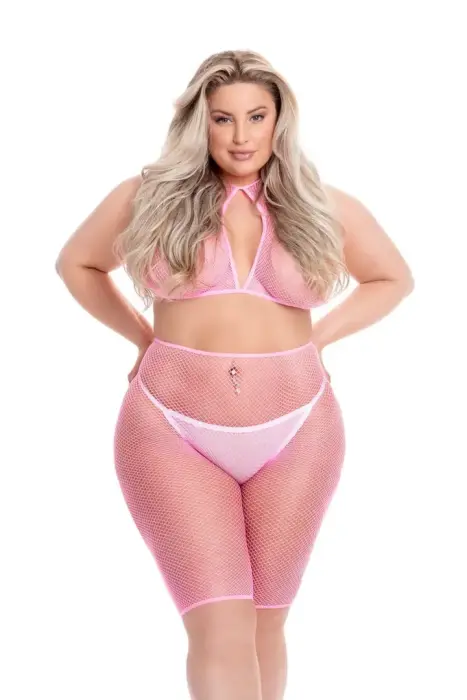 Sunset Glow – 2-piece halter bra and bike shorts set – pink fishnet – plus size