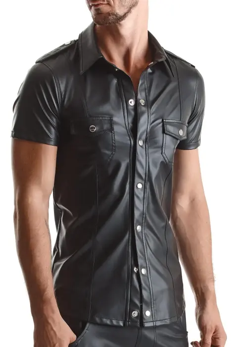 RMLuca001 Wetlook Shirt with Metal Studs – Black – L