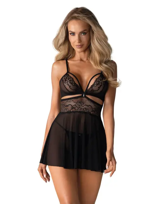 Babydoll and Thong Set with Lace and Mesh – Black – L/XL