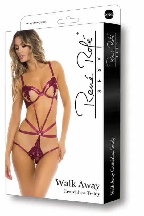 WALK AWAY Walk Away Crotchless Teddy – crotchless lace teddy with floral design – burgundy – M/L