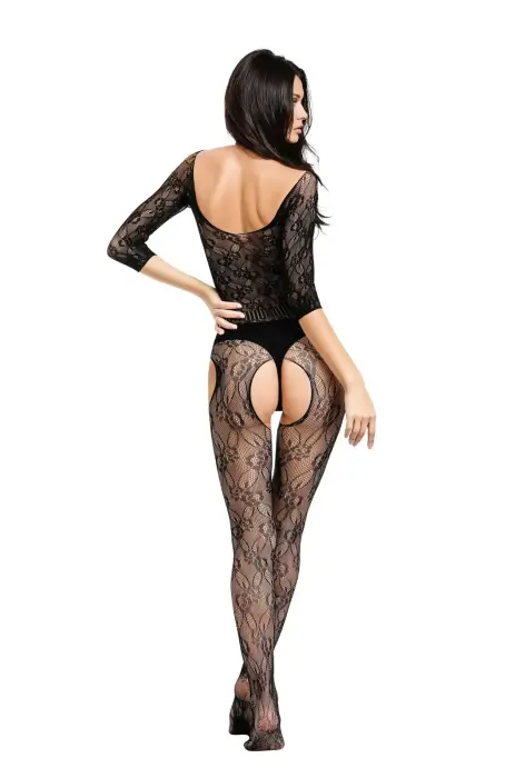 Mesh Bodystocking with Floral Pattern and Open Back – Black – S/L Photo