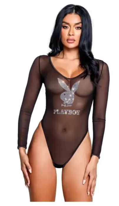 Playboy Sparkling Bunny Teddy - Mesh & Satin Bodysuit with Rhinestones – XL