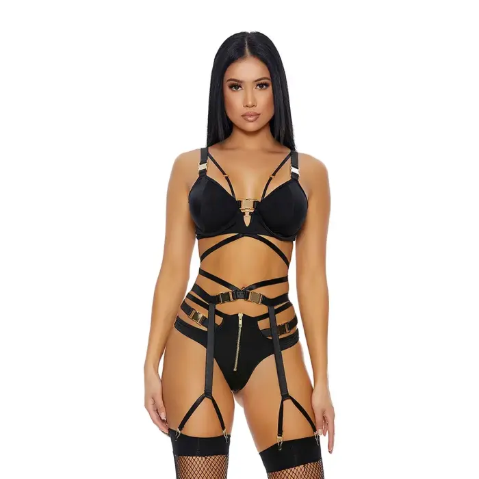 Dreamgirl Buckle Up Комплект белья из 3 предметов с золотыми акцентами – XL