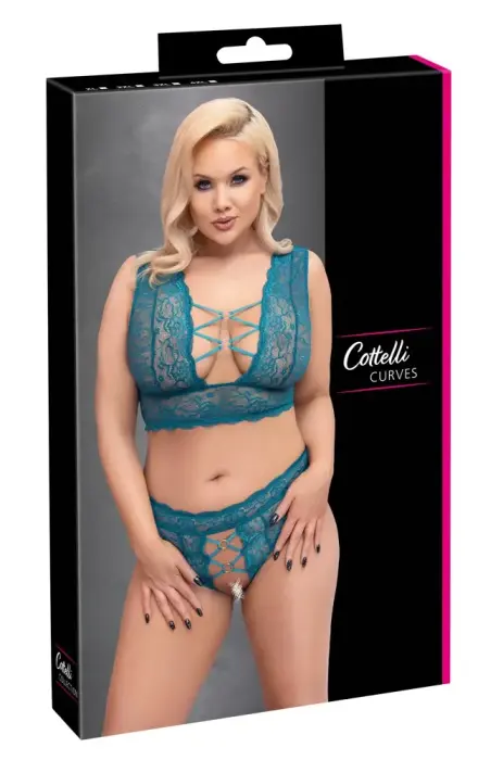 Cottelli CURVES синий кружевной комплект из бюстгальтера и стрингов с открытой промежностью – 3 XL
