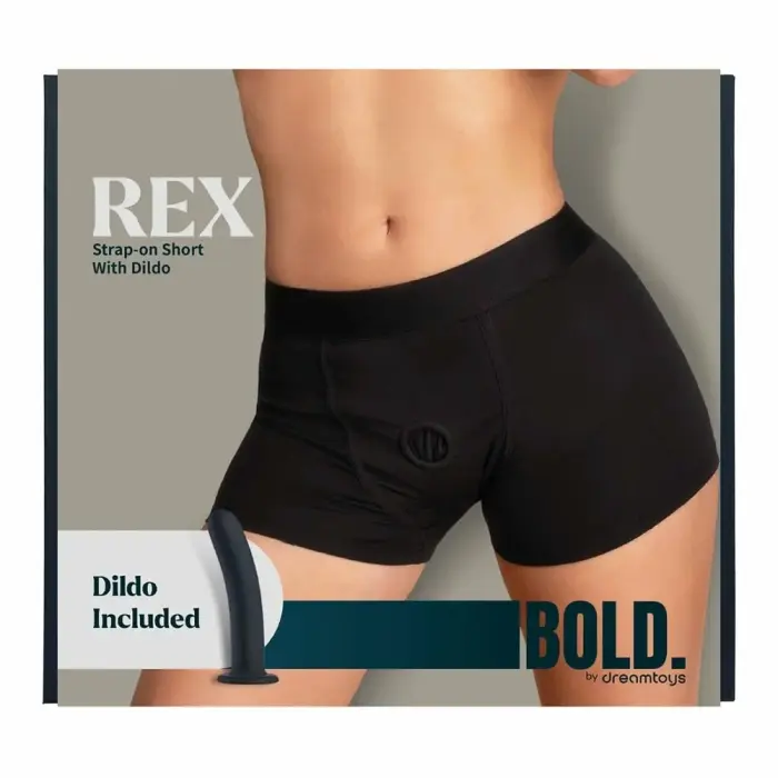BOLD. REX Strap-On Shorts M – strap-on shorts – nylon/spandex – black lace – with silicone attachment