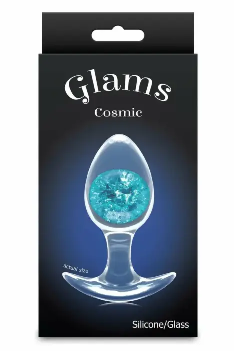 Cosmic Glams Medium zils – vidēja izmēra anālais aizbāznis no šķidrā silikona ar stikla akcentu