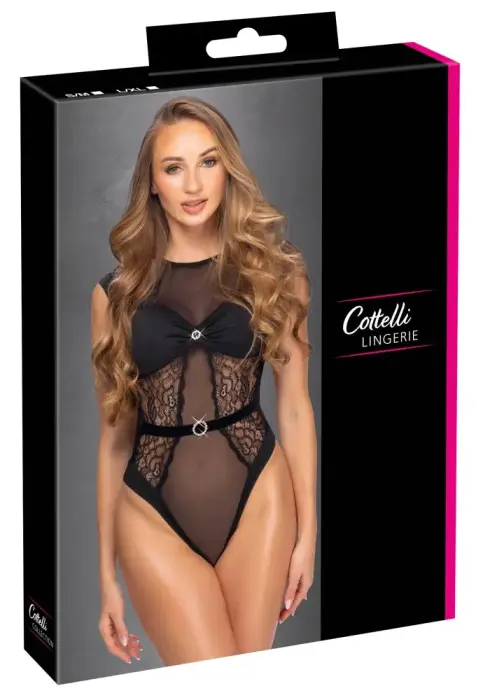 Cottelli LINGERIE Lace Bodysuit with Rhinestone Detail – Black – S/M