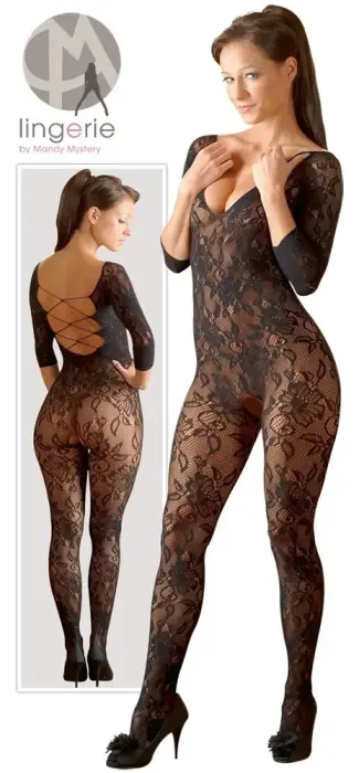 NO:XQSE ziedu mežģīņu catsuit – melns – S/L Foto 7
