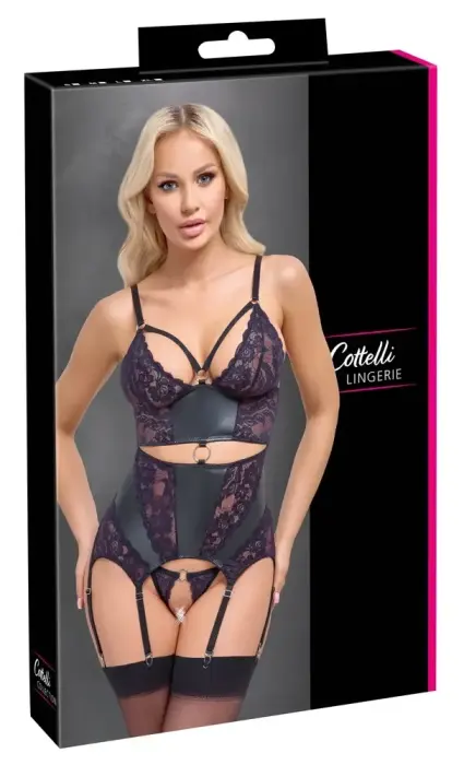 Cottelli Lingerie Basque Set with Purple Lace – Black – M