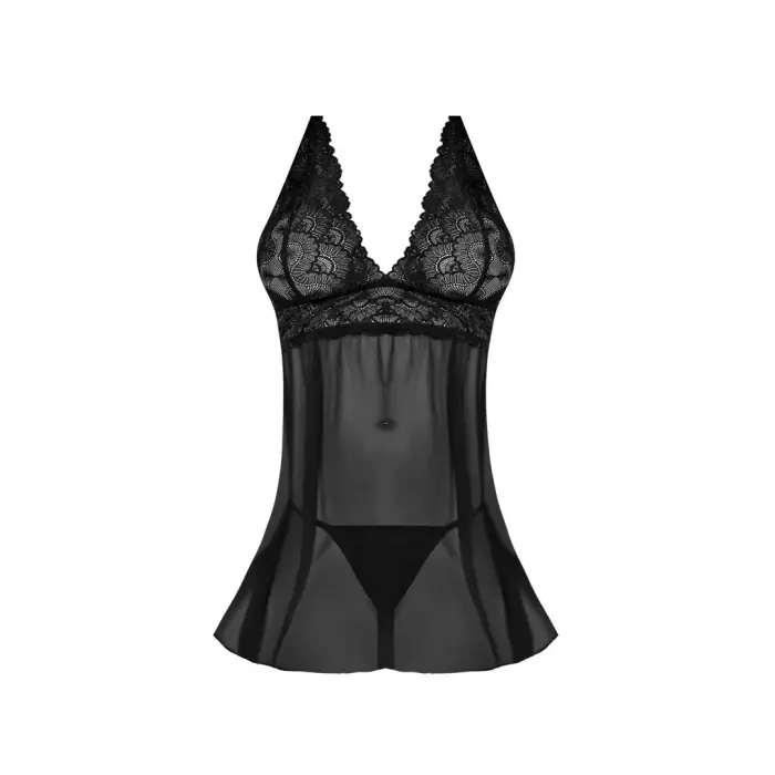 Babydoll naktinukai su atvira nugara ir stringų komplektu – 2XL – juodi Photo