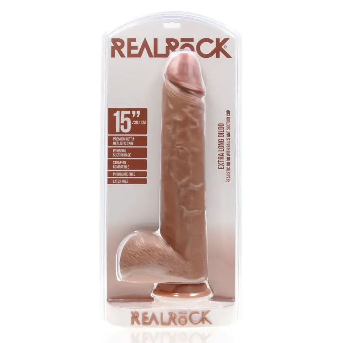 Īpaši liels taisns dildo ar sēkliniekiem un piesūcekni – 38 cm (15″) – Miesas krāsa