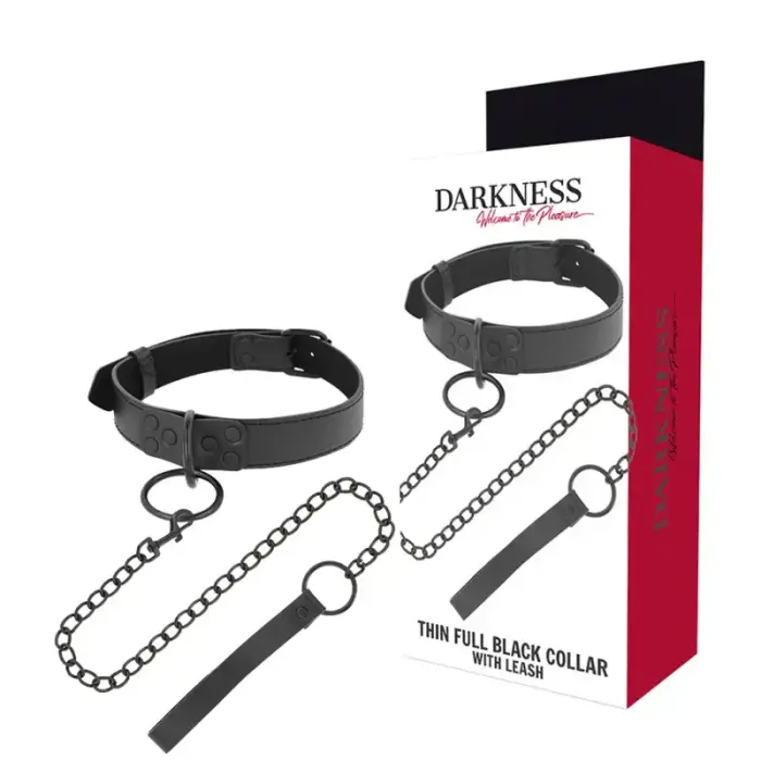 Darkness – adjustable neoprene collar with metal chain leash – black