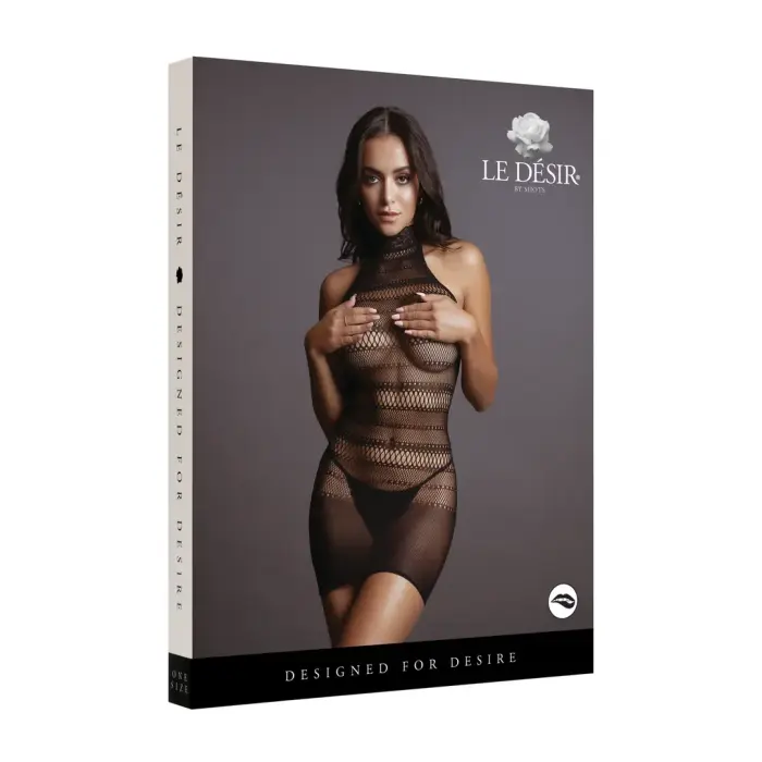 High Lace Neck Net Mini Dress – One Size – Black