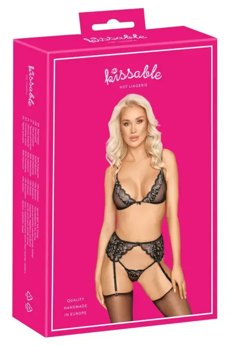 Kissable Lace Bra, Suspender Belt & String Set – Black – S/M