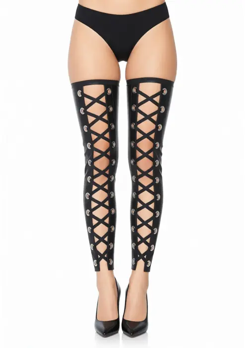 Wetlook Footless Lace Up Thigh Highs – Black – S/M