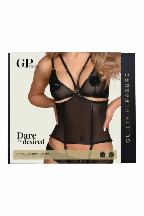 Guilty Pleasure Contour Corset Body – avatud tassidega korset-body võrkpaneelidega ja pehme kasvuluudega – must – Suurus: S/M