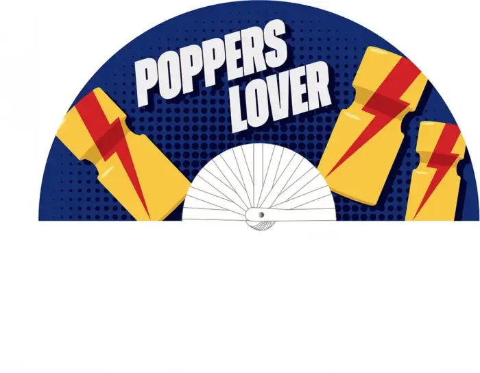 Poppers Lover – decorative hand fan – blue/yellow – 64 cm