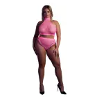 Neon rozā augstās apkakles topiņa un biksīšu komplekts – Plus size Foto 7