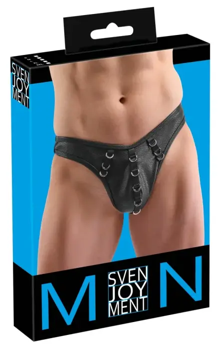 Svenjoyment Herren Rio – men's imitation leather thong with metal rings – black – 2XL