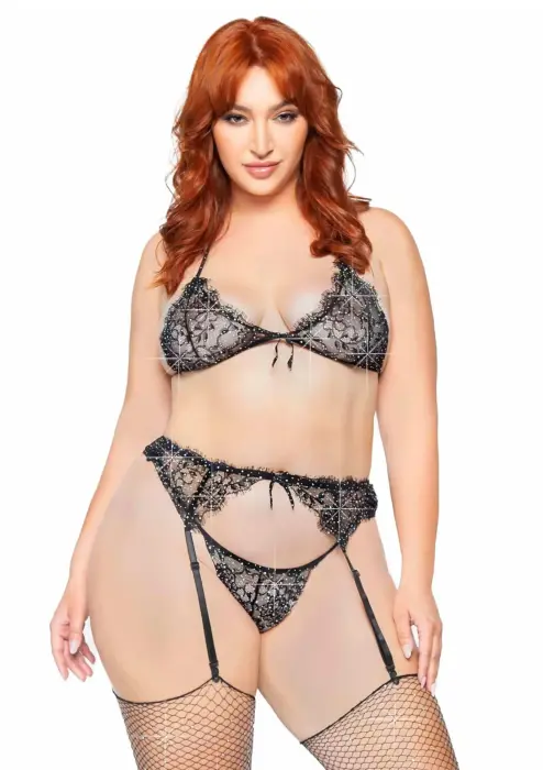 Plus Lace Bra Top, String and Garter Belt – Black – 1X/2X