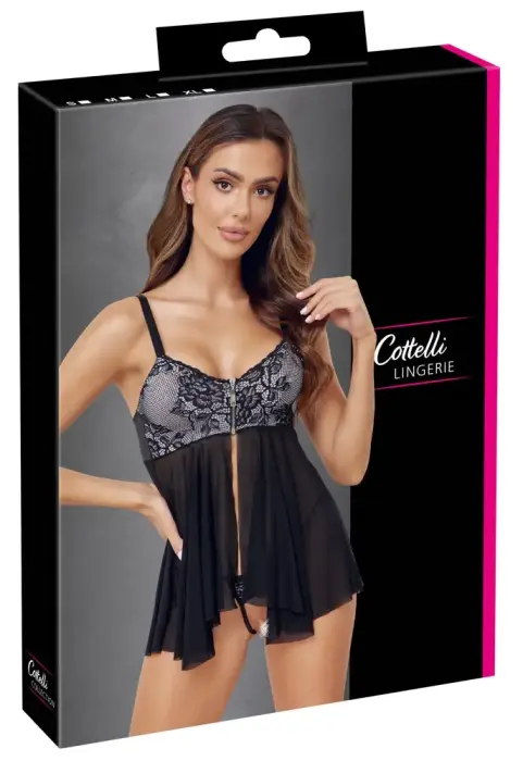 Cottelli LINGERIE Babydoll and Crotchless Thong Set – White/Black – XL