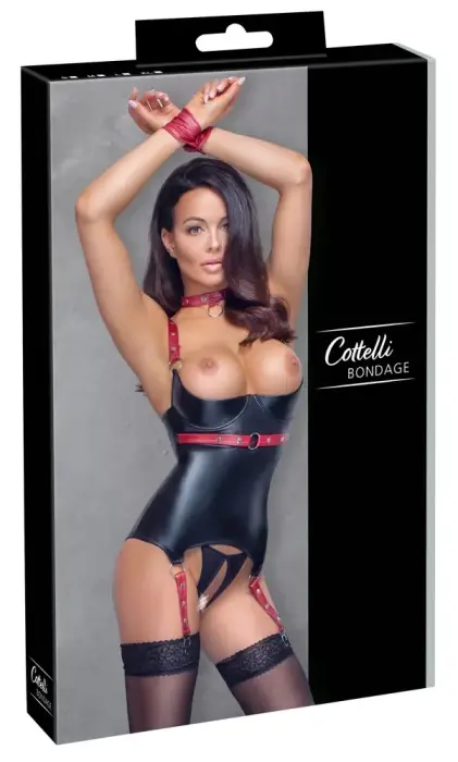 Cottelli Bondage Basque Set with Collar and Restraints – Black/Red – XL