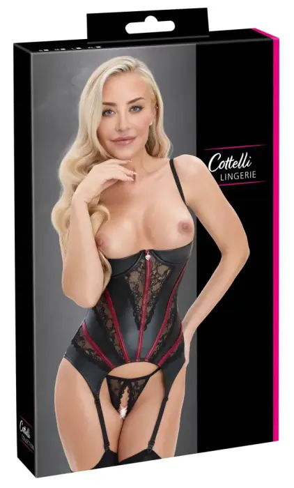 Cottelli Lingerie Set with Shelf Bra Basque, Lace, and Crotchless Thong – Black – XL