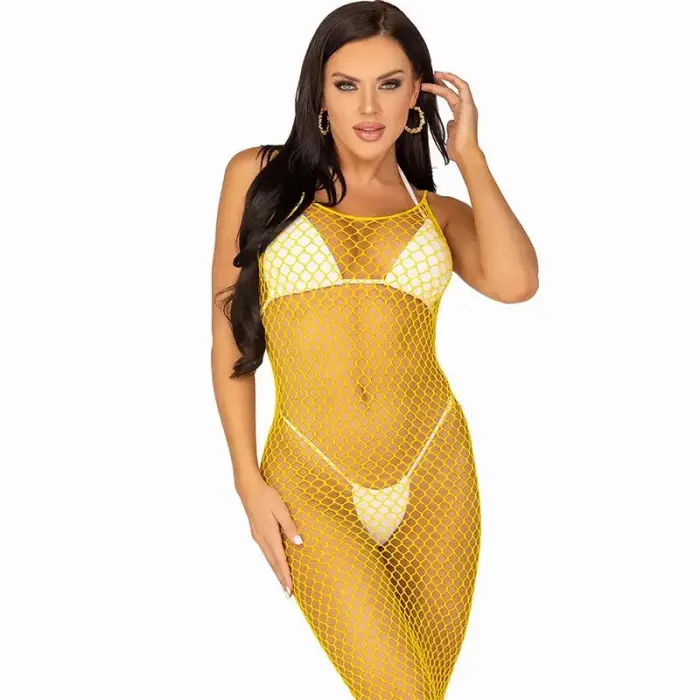 Leg Avenue Long Net Dress Yellow One Size – Stretch Mesh with Open Back