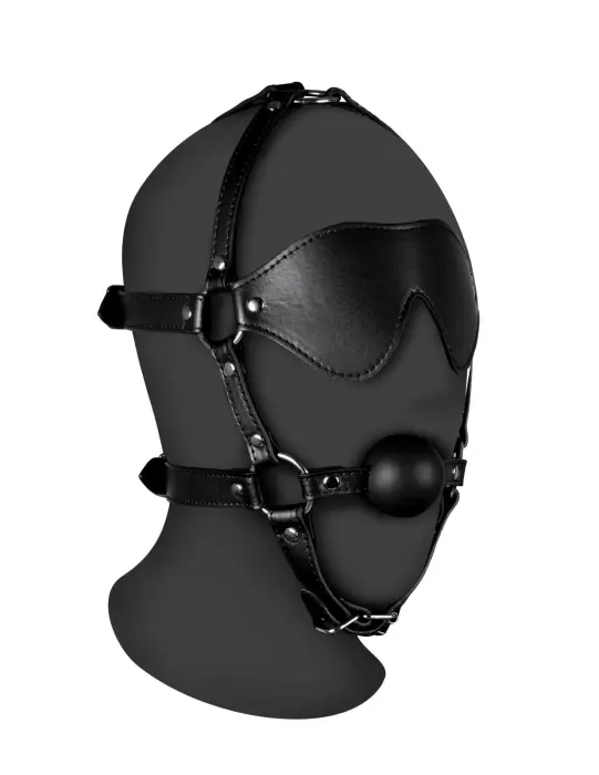 Blindfolded Head Harness with Solid Ball Gag – Black