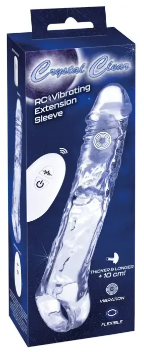 Crystal Clear RC Vibrating Extension Sleeve – kaugjuhtimisega vibreeruv peenise pikendusmuhv – läbipaistev – 10 cm