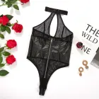 Sheer Mesh Halter Bodysuit with Zip-down Front – S/M – Black — Photo 4