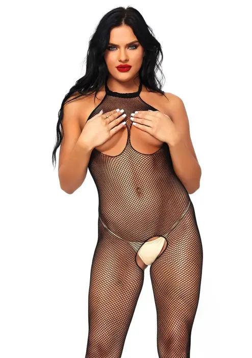 Leg Avenue tīkliņa bodijs ar atvērtu krūšu daļu un atvērtu starpkāju – melns – One Size Foto 1