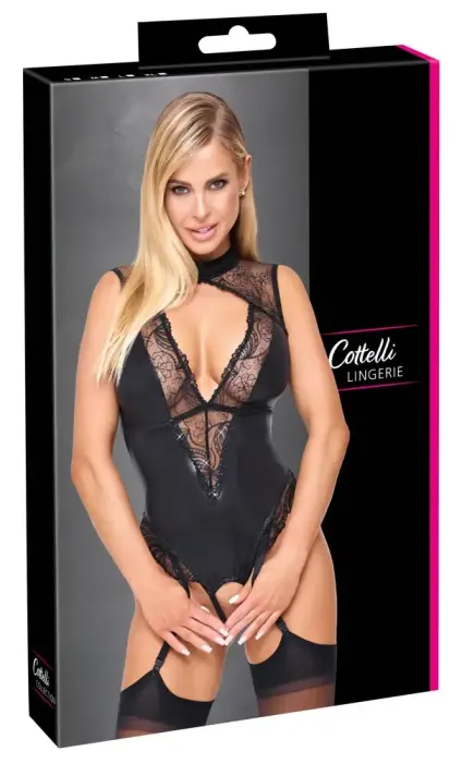 Cottelli LINGERIE Riobody wet look bodijs ar zeķturiem – melns – L