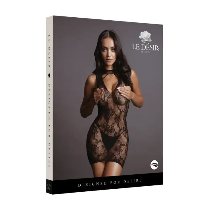 High Neck Lace Mini Dress – Black – One Size