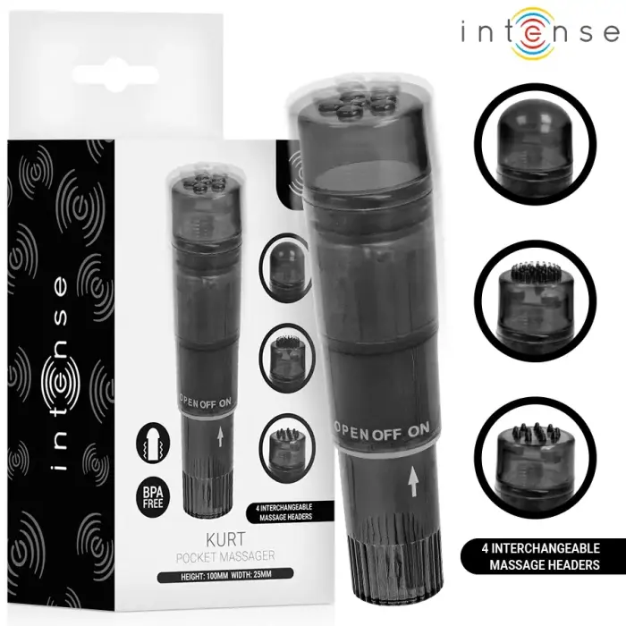 INTENSE Kurt Mini Massager Black - 4 Interchangeable Heads, Compact Design